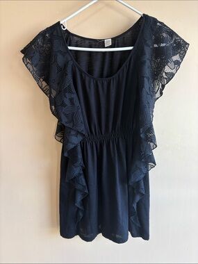 Black Lace Ruffle Sleeve Prom Dress